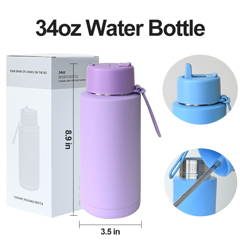 Wholesale 34oz Drinkware Frank Green Insulated Vacuum Ceramic Lined Sport Stainless Steel Water Bottles With Silicone Straw