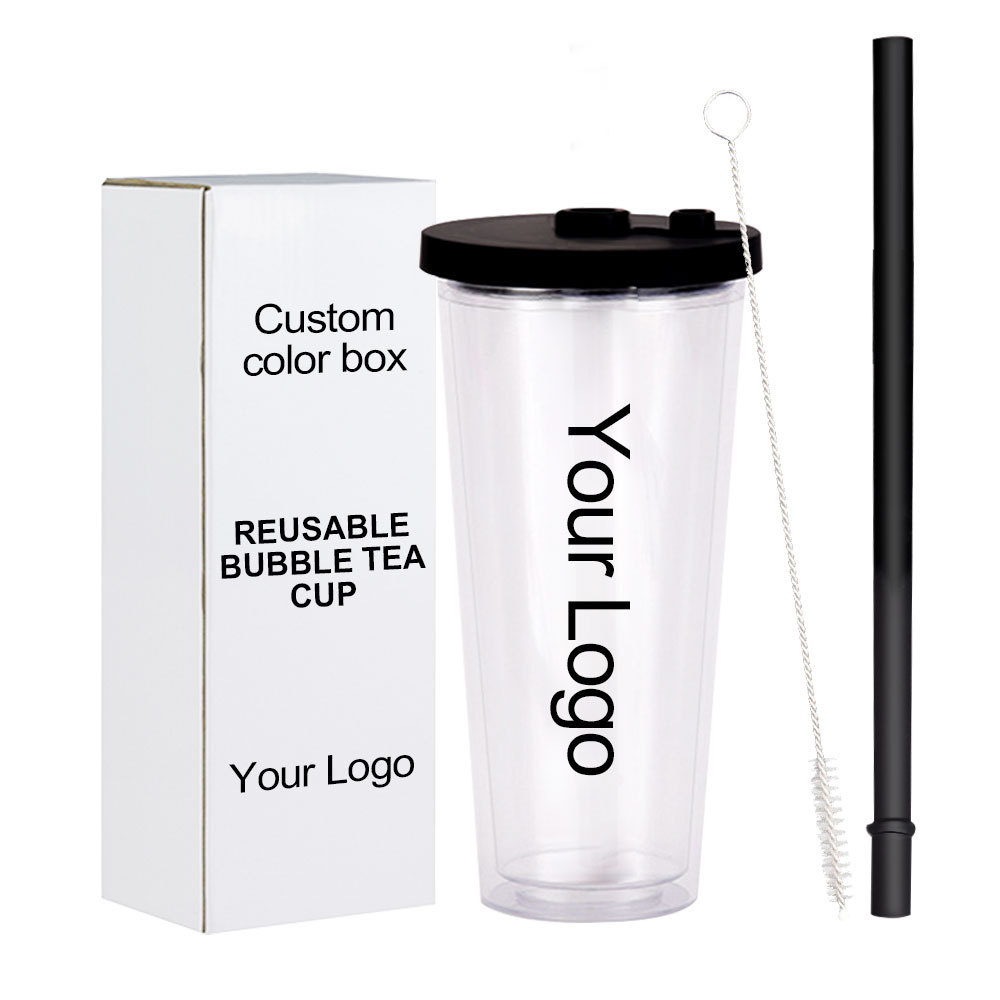 Custom logo 24oz 700ml Tumbler Premium Bubble Tea Cups Double Wall Plastic boba bubble Reusable Mugs with lids and straws