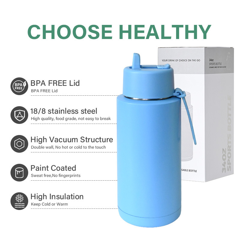 Wholesale 34oz Triple Wall Insulated Vacuum Flasks Stainless Steel Ceramic Lined Drinking Water Bottles For Kids