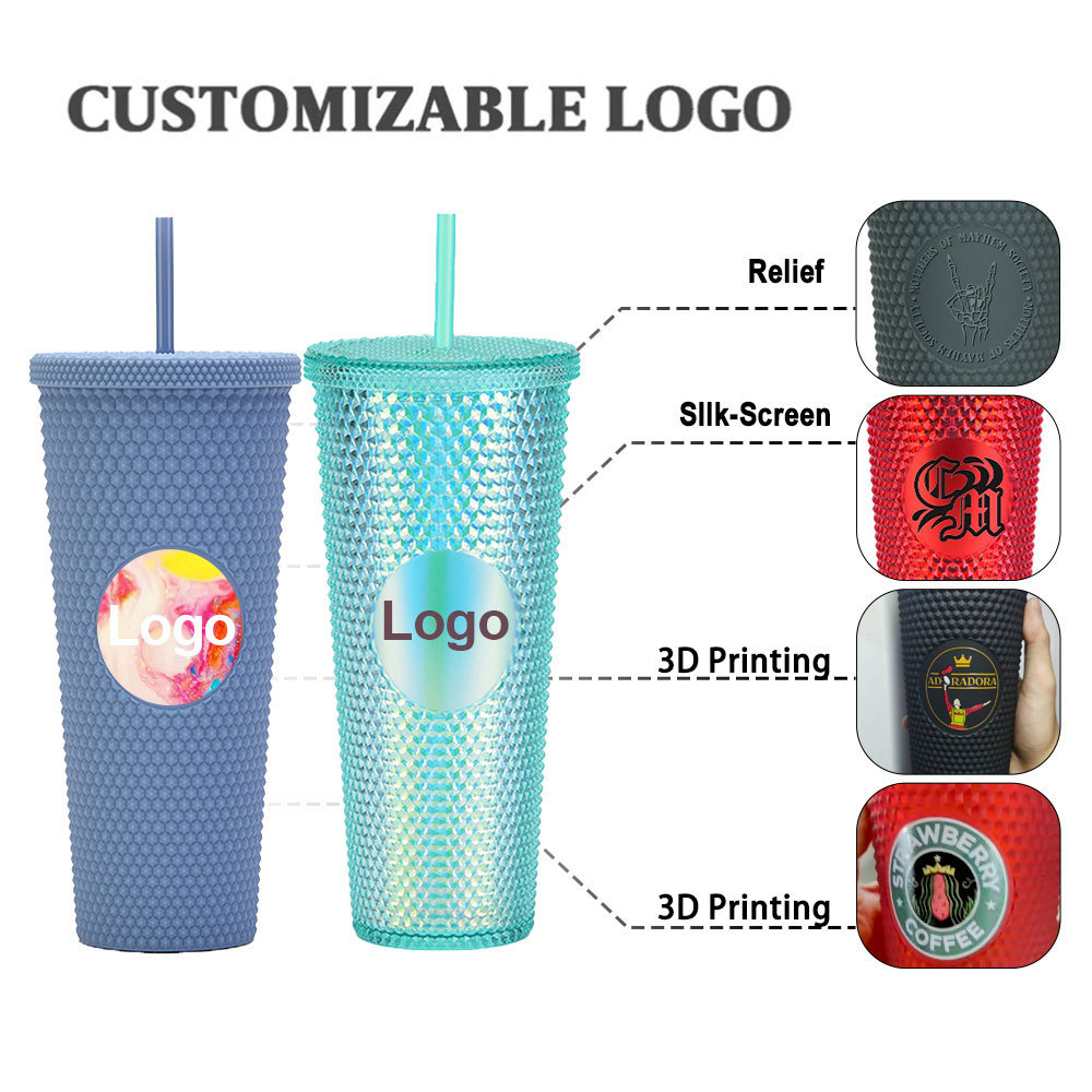 Christmas Custom Logo 24oz Reusable Diamond Drinking Cups Multi Color Black Acrylic Double Wall Mug Plastic Studded Tumblers