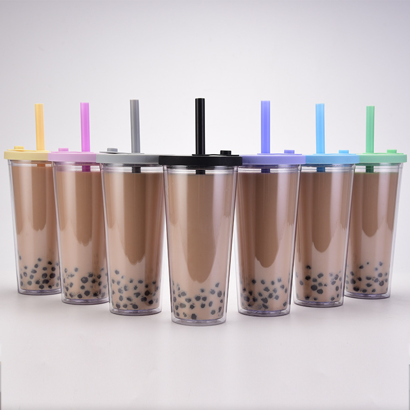 Custom logo 24oz 700ml Tumbler Premium Bubble Tea Cups Double Wall Plastic boba bubble Reusable Mugs with lids and straws