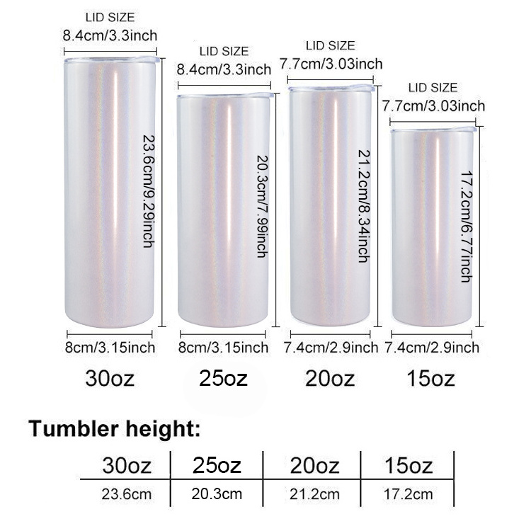 USA Warehouse 15oz 20oz 25oz 30oz Shimmer Glitter Stainless Steel Double Wall White Holographic Sublimation Tumbler