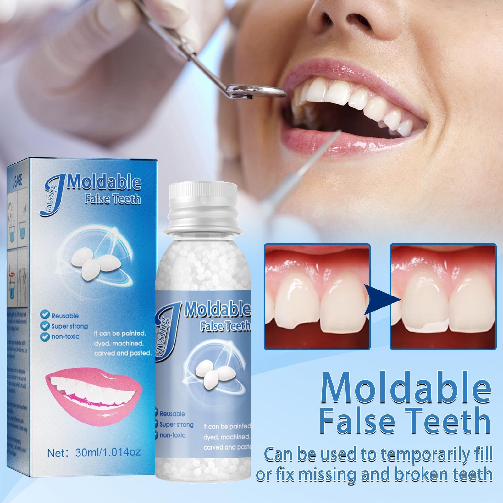 New Dental Restoration Reusable Moldable Temporary False Teeth Solide Glue 30ml Repair Teeth And Gaps Braces Adhesives