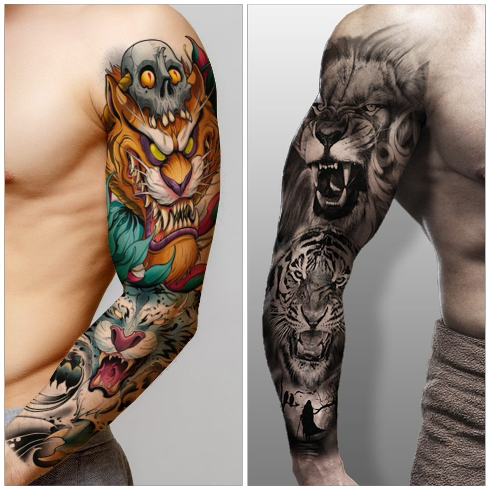 Men Large Arm Sleeve Black Sexy Waterproof Temporary Tattoo Sticker Full Arm Big Skull Flower Tattoo Stickers Flash Tattoos