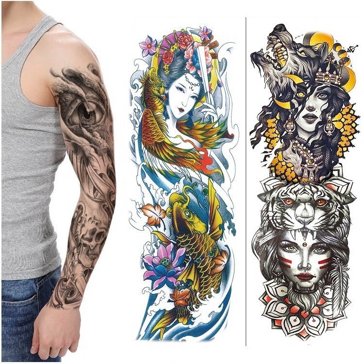 Men Large Arm Sleeve Black Sexy Waterproof Temporary Tattoo Sticker Full Arm Big Skull Flower Tattoo Stickers Flash Tattoos