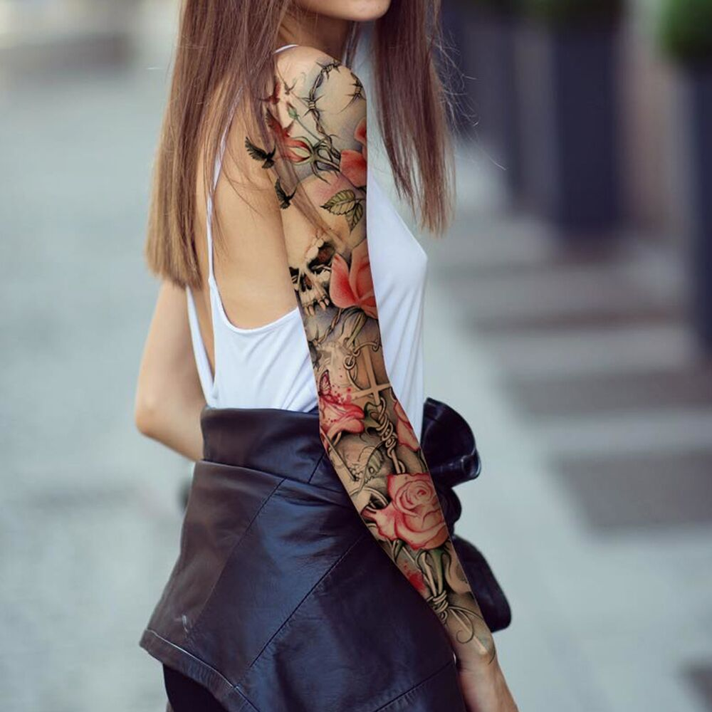 Men Large Arm Sleeve Black Sexy Waterproof Temporary Tattoo Sticker Full Arm Big Skull Flower Tattoo Stickers Flash Tattoos