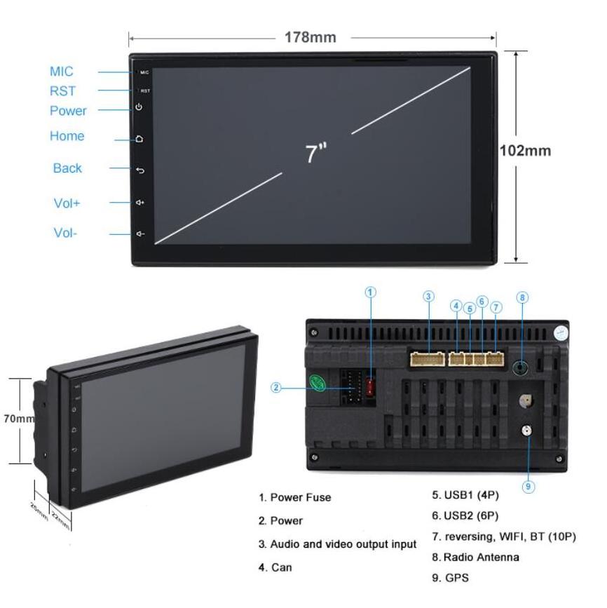 7'' 2 DIN Car Radio Android 9.0 GPS Navi Car Screen for Apple Carplay & Android Auto FM Autoradio Multimedia BT Mirror link