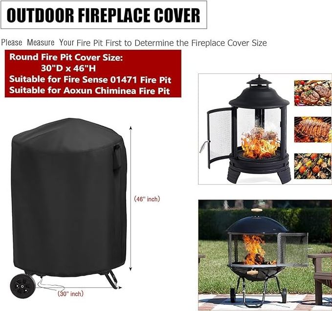 Patio Bonfire Fireplace Cover, Waterproof Round Fireplace Cover, Dustproof UV Fireplace Cover