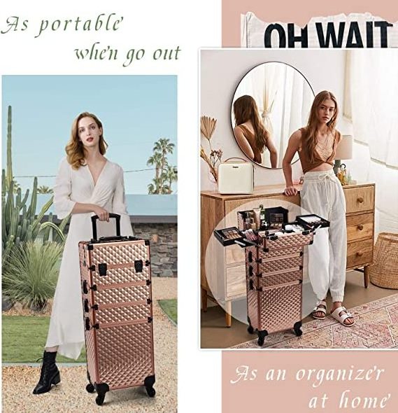 Handy beauty Aluminum Makeup Case rolling Cosmetic travel Trolley 4 in 1 Large lockable  Makeup Travel box with Swivel Wheels