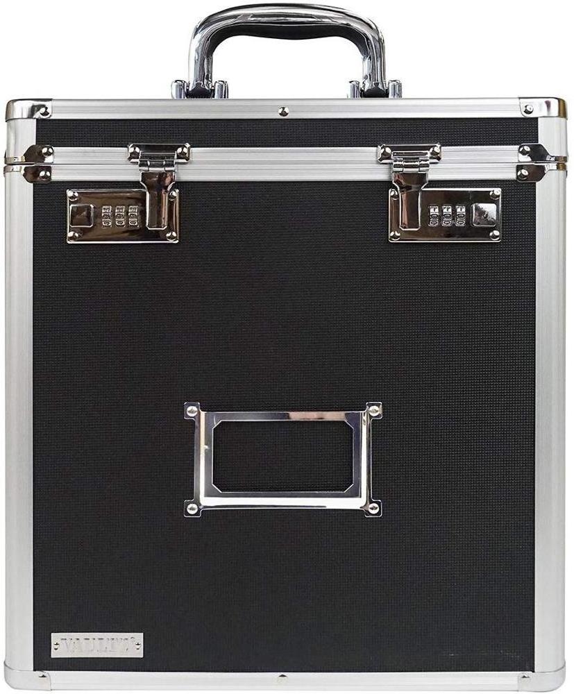 Locking Vinyl Record Storage Case with 2 Combination Locks, Holds up to 50 Records, 14.4 x 13.4 x 9.6 Inches, Black and Silver