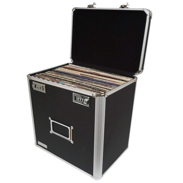 Locking Vinyl Record Storage Case with 2 Combination Locks, Holds up to 50 Records, 14.4 x 13.4 x 9.6 Inches, Black and Silver