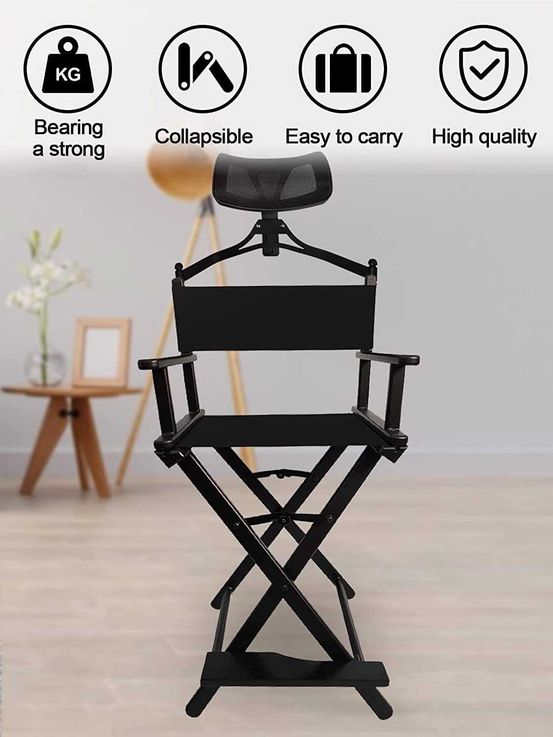 Foldable Makeup Artist Stool Chair Portable Tall Folding Directors Chair Aluminum Makeup Chair with Headrest