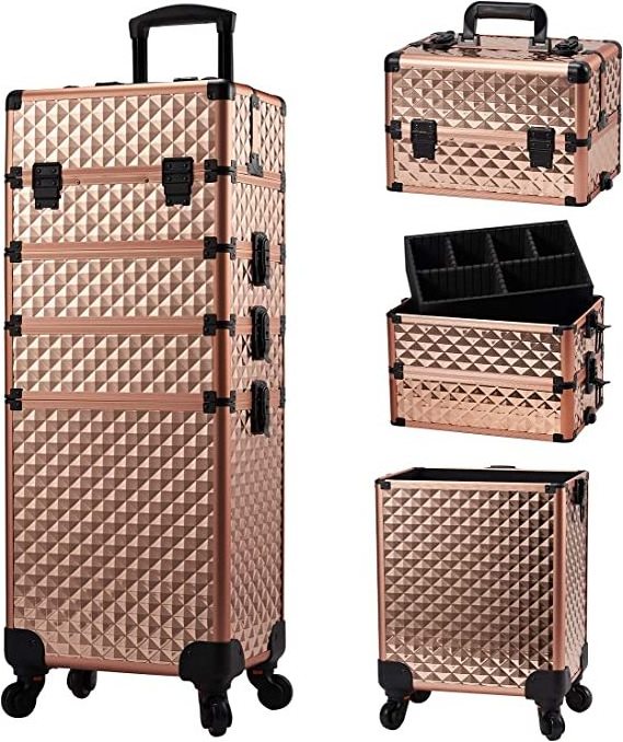 Handy beauty Aluminum Makeup Case rolling Cosmetic travel Trolley 4 in 1 Large lockable  Makeup Travel box with Swivel Wheels