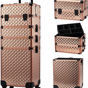 Handy beauty Aluminum Makeup Case rolling Cosmetic travel Trolley 4 in 1 Large lockable  Makeup Travel box with Swivel Wheels