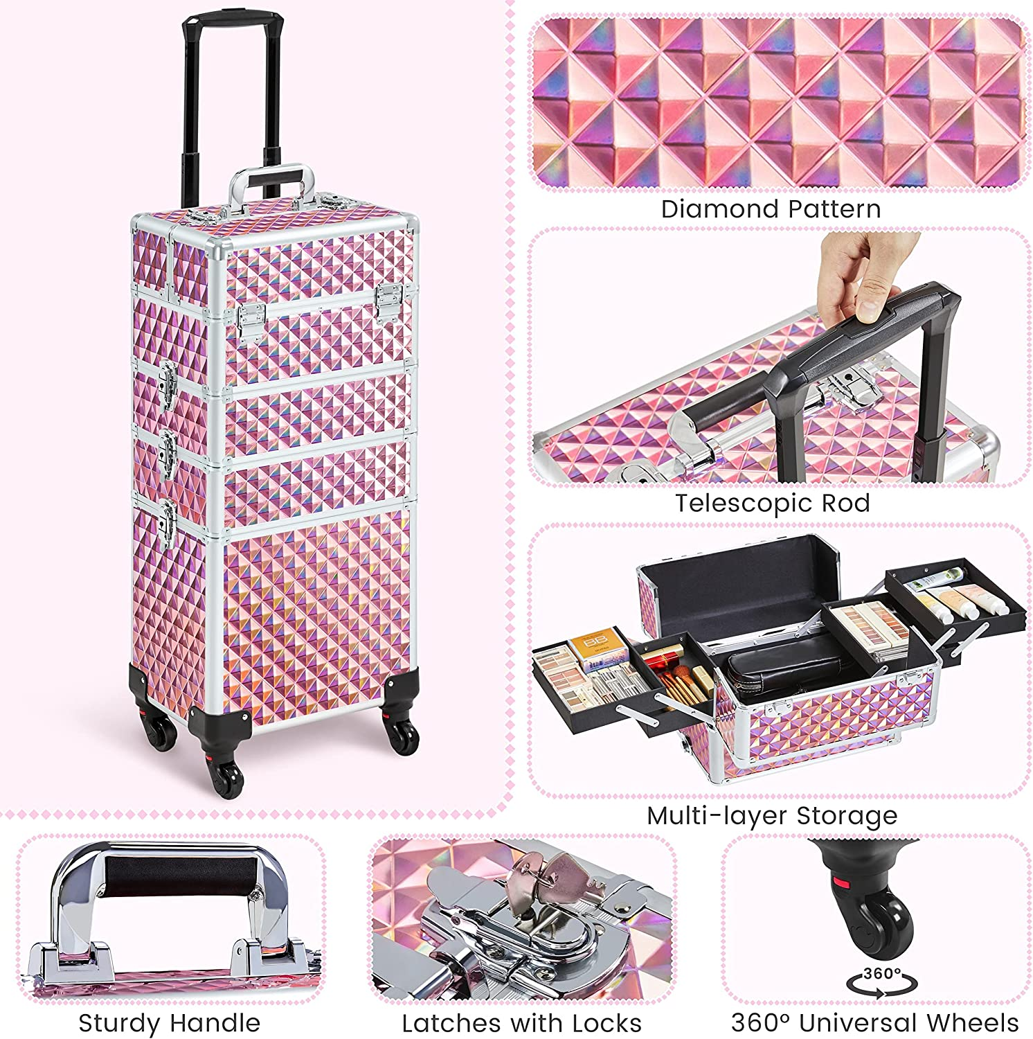 Professional Makeup Train Case Rolling Cosmetic Trolley Makeup Case 4 in 1 Thread Cosmetic Bags & Cases Makeup Organizers Zipper