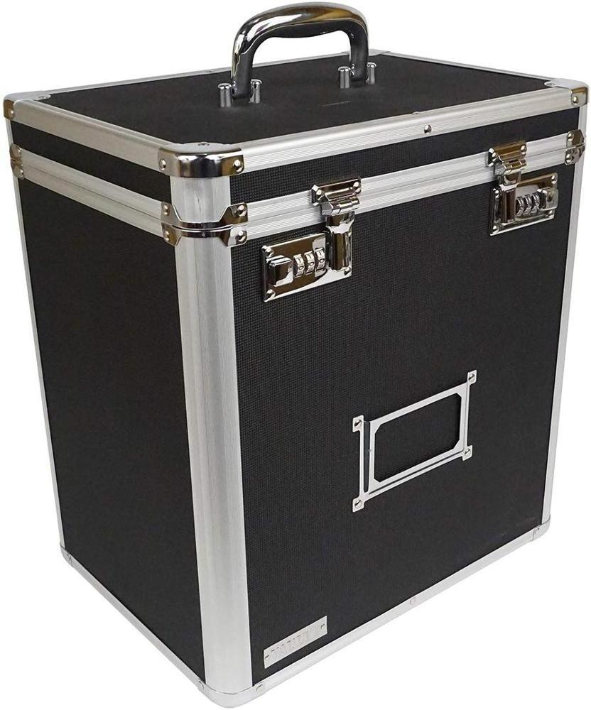 Locking Vinyl Record Storage Case with 2 Combination Locks, Holds up to 50 Records, 14.4 x 13.4 x 9.6 Inches, Black and Silver