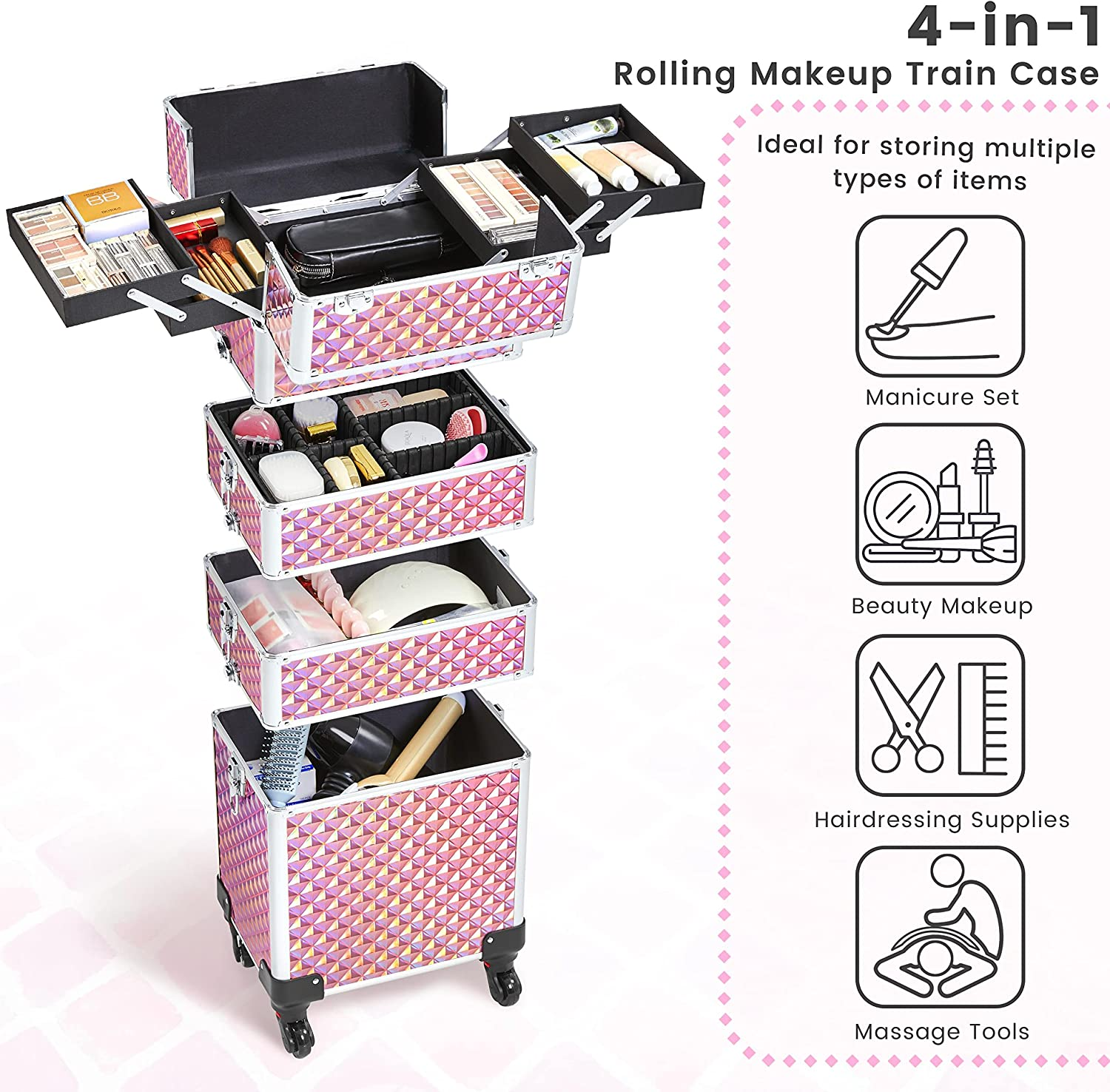 Professional Makeup Train Case Rolling Cosmetic Trolley Makeup Case 4 in 1 Thread Cosmetic Bags & Cases Makeup Organizers Zipper