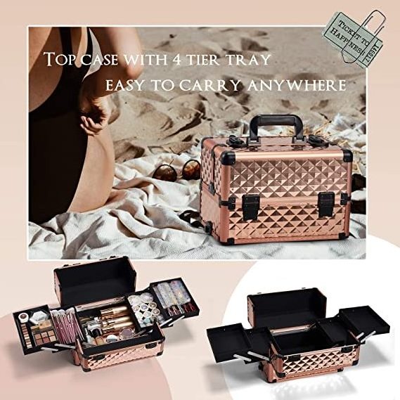 Handy beauty Aluminum Makeup Case rolling Cosmetic travel Trolley 4 in 1 Large lockable  Makeup Travel box with Swivel Wheels