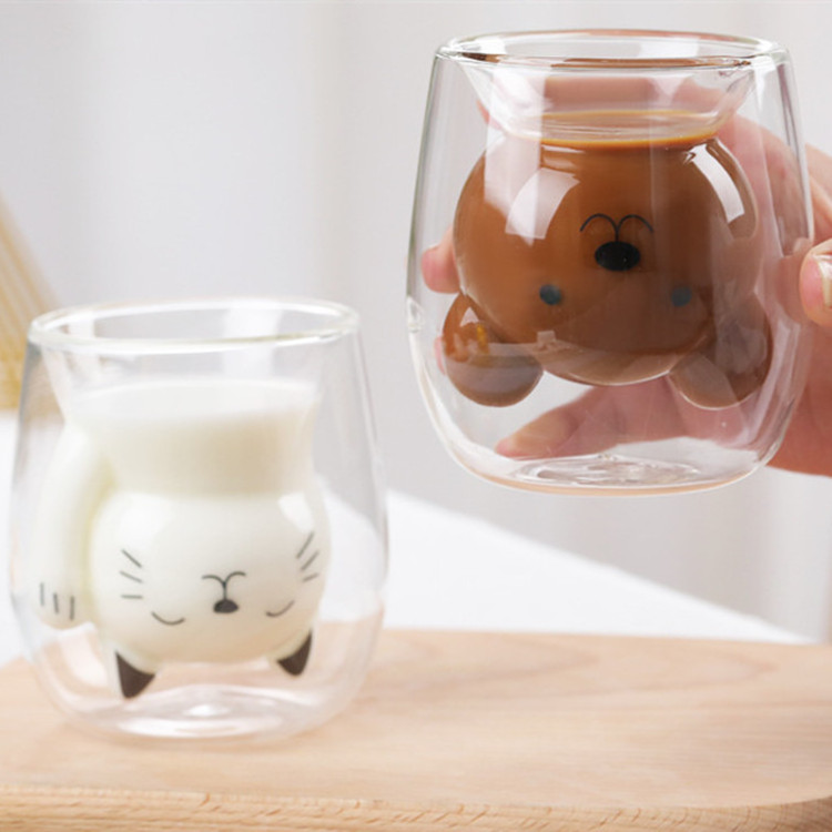 Animal cartoon double wall glass mug for milk coffee bear puppy shaped cup 200ml