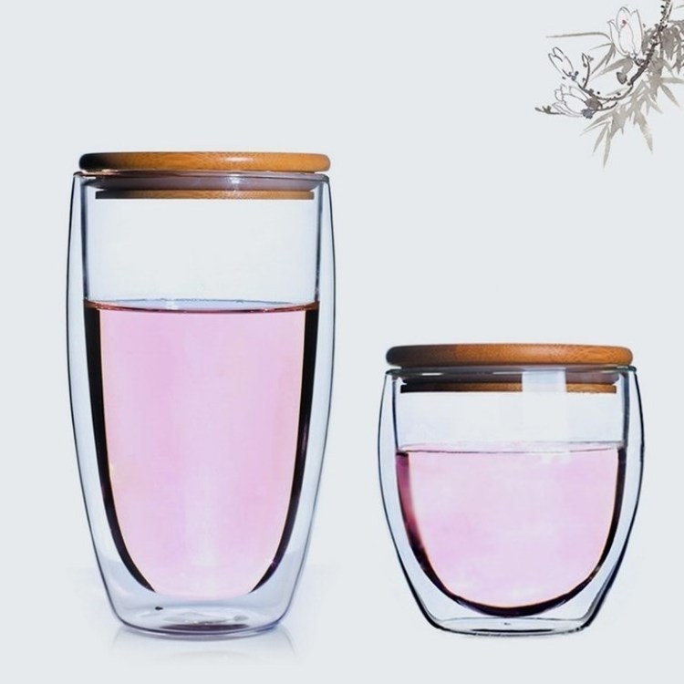 250ml 350ml 450ml wholesale borosilicate double wall glass coffee cup with bamboo lid