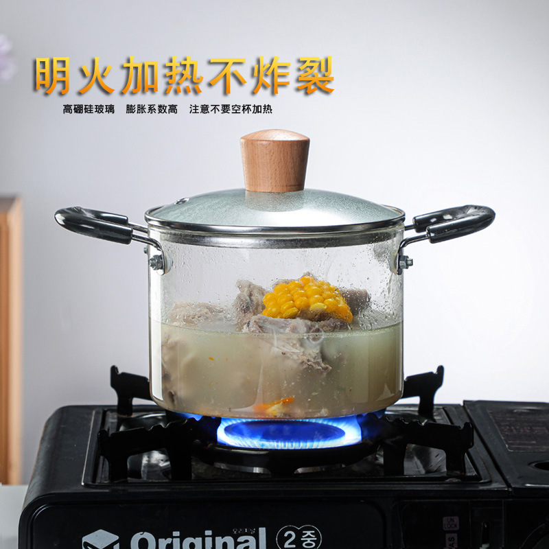 Large capacity High Borosilicate  Double ear transparent covered anti scalding glass soup pot for cooking and stewing