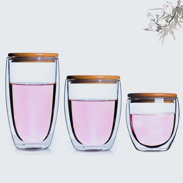 250ml 350ml 450ml wholesale borosilicate double wall glass coffee cup with bamboo lid