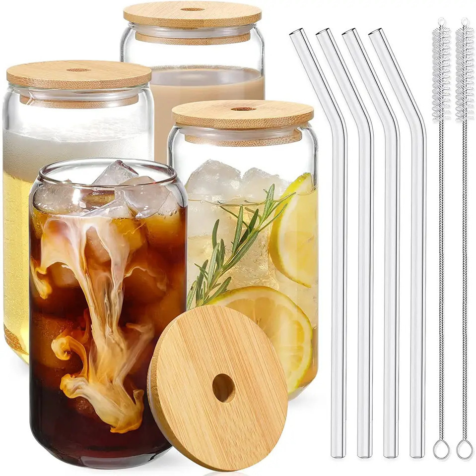 Wholesale Custom Logo Bamboo Lid Glass Cup with Straw Can-Shaped Beer Beer Glasses Soda Cup for Coffee Party Occasions