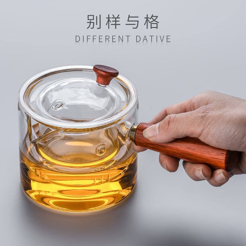 Chinese style and heat-resistant glass teapot pot with single side handle tea cup for separating and brewing tea