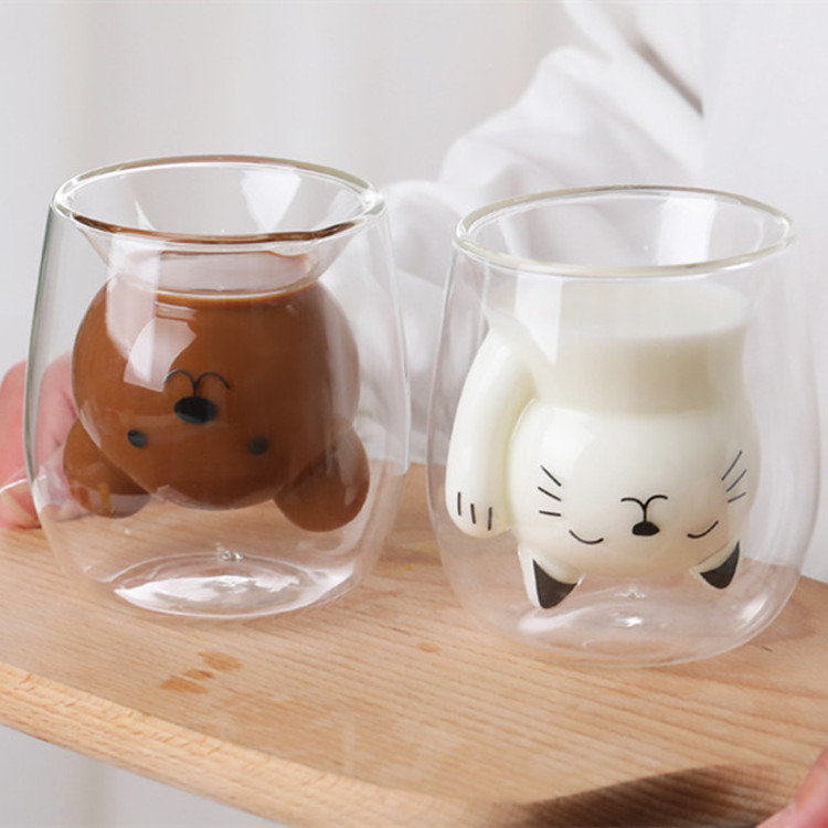 Animal cartoon double wall glass mug for milk coffee bear puppy shaped cup 200ml