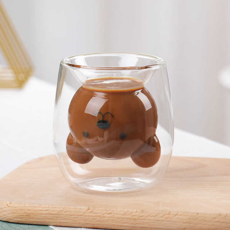 Animal cartoon double wall glass mug for milk coffee bear puppy shaped cup 200ml