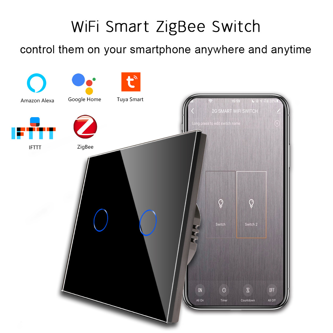 Bingoelec Zigbee 2 gang 600w Tuya Smart Home Appliances Electrical Smart Touch Switch