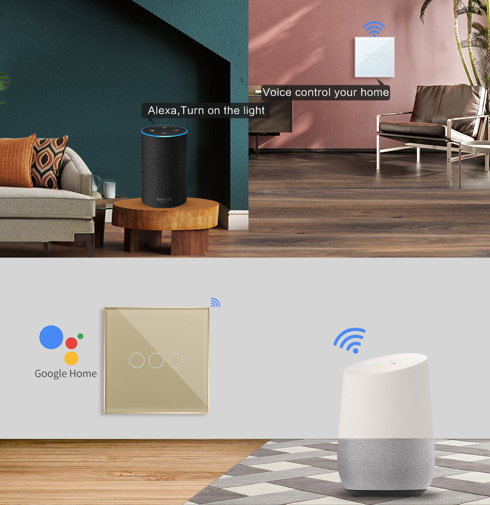 Glass 3Gang EU/UK Matter Smart Wifi Touch Switch With Or Without Neutral All Can Use Alexa Google Voice Remote