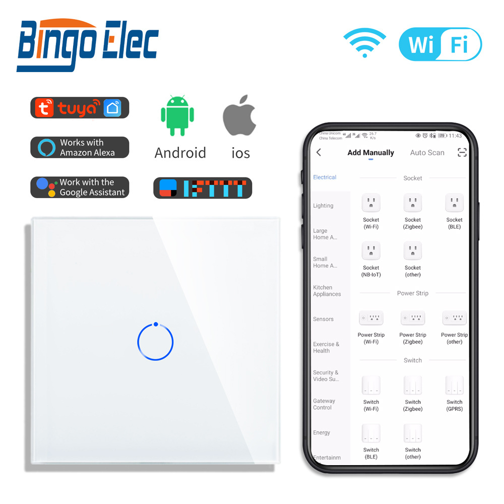 Bingoelec Tuya smart touch switch wireless remote control Smart Life Home Light Switch with APP Voice Control