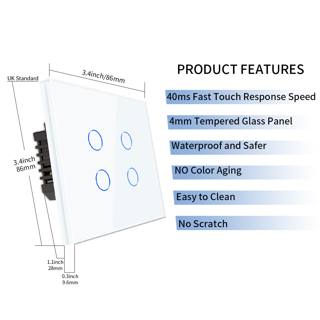 Bingoelec ZigBee 4 Gang 1 Way Smart Touch Switch 600W/gang EU Standard Light Wall Switch Support Google Home