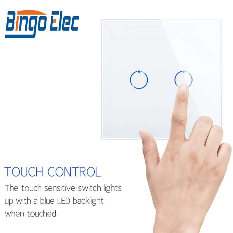 Bingoelec hot sale Touch wall switch glass panel 2 gang with iron frame 86*86mm  for home hotel office