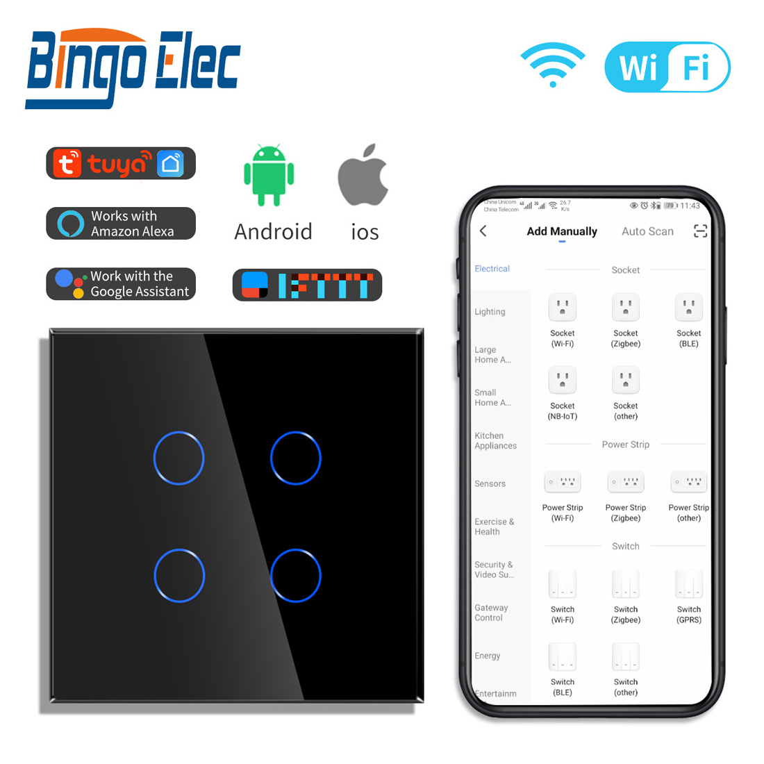 Bingoelec Home Wall 1-2-3-4Gang Remote Control Light Switch No Neutral RF433 Silicon Touch Wifi Alexa Tuya Smart Switch