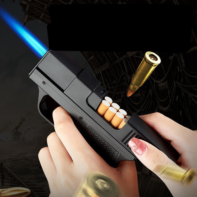 Creative Gun Shape Cigarette Case Lighter Butane Gas Blue Flame Windproof Lighter For Men