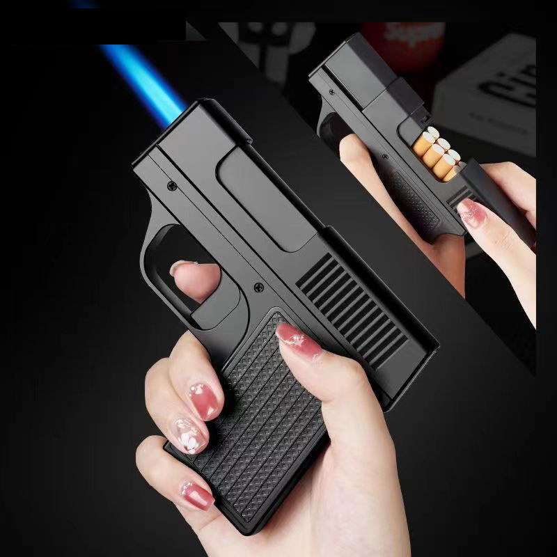 Creative Gun Shape Cigarette Case Lighter Butane Gas Blue Flame Windproof Lighter For Men