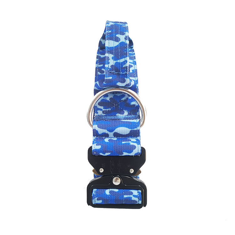 Heavy Duty Blue Camouflage Large Combat Dog Collars with Handle and Neoprene Padded