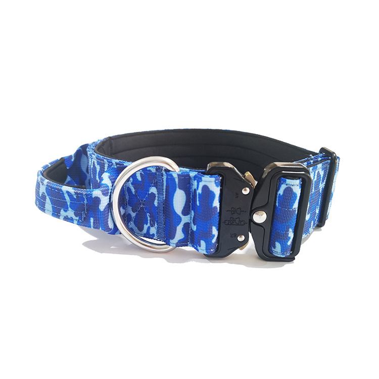 Heavy Duty Blue Camouflage Large Combat Dog Collars with Handle and Neoprene Padded