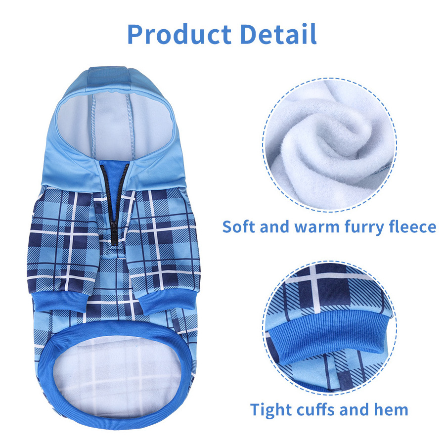 Wholesale Warm Plaid Dog Hoodie Jacket With Zipper Bulk for Pet Dog Clothes Puppy Fleece Designer Dog Hoodie