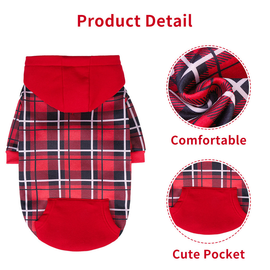 Wholesale Warm Plaid Dog Sweater Hoodie Bulk for Pet Dog Clothes Puppy Fleece Dog Hoodie Sweatshirt with Pocket