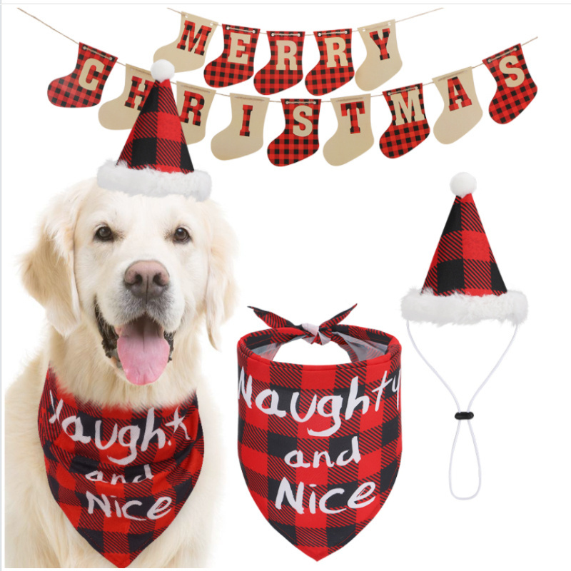 New Arrival Cute Christmas Pet Dog Hats Red Plaid Dog Triangle Scarf Bandanas And Flags Set For Party