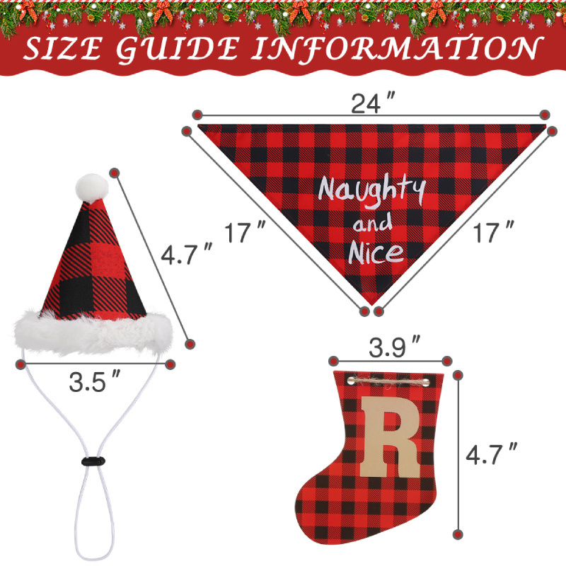 New Arrival Cute Christmas Pet Dog Hats Red Plaid Dog Triangle Scarf Bandanas And Flags Set For Party