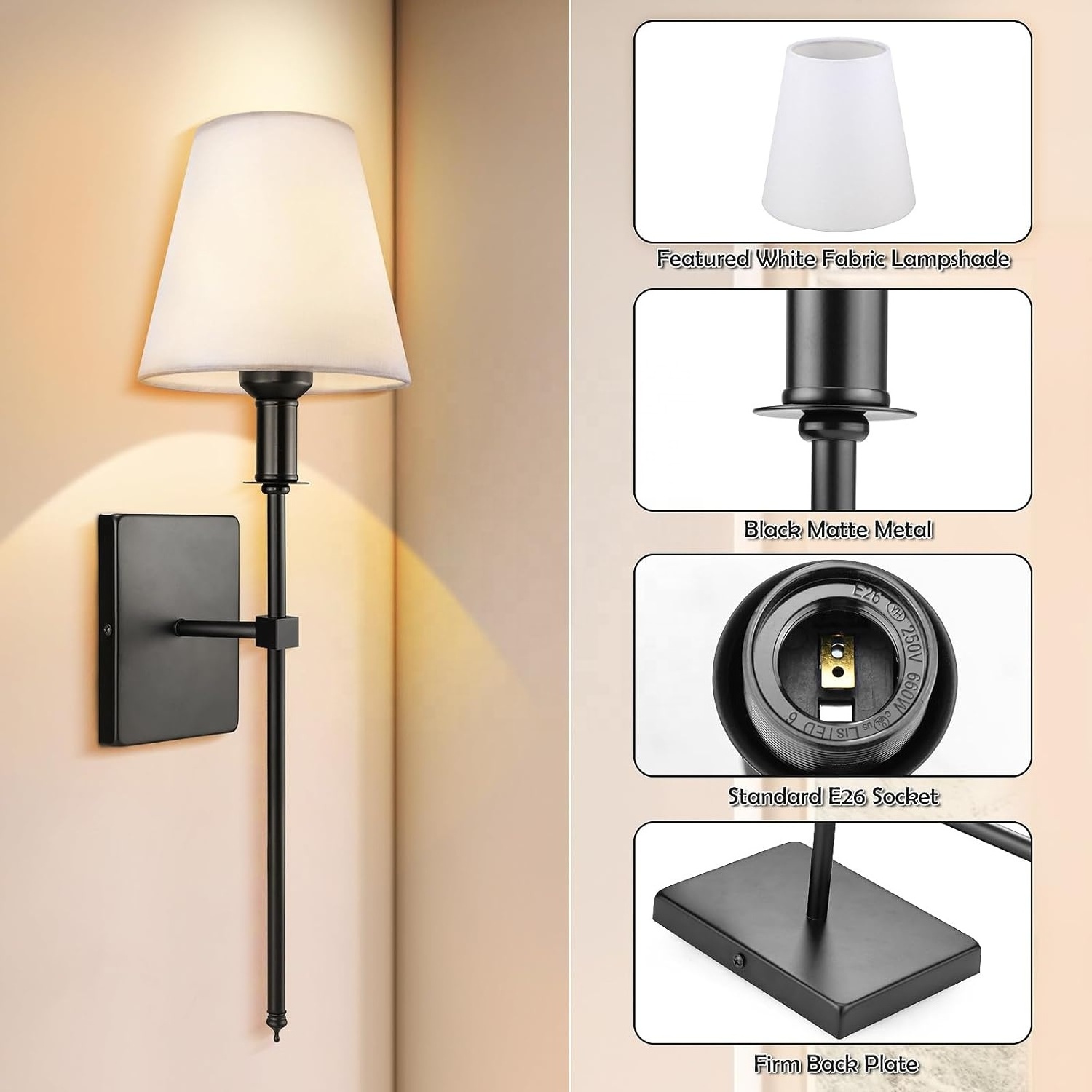 black fixture Modern Battery Operated Sconce Set of 2  Fixture,Battery Powered Wall Sconce With Remote control