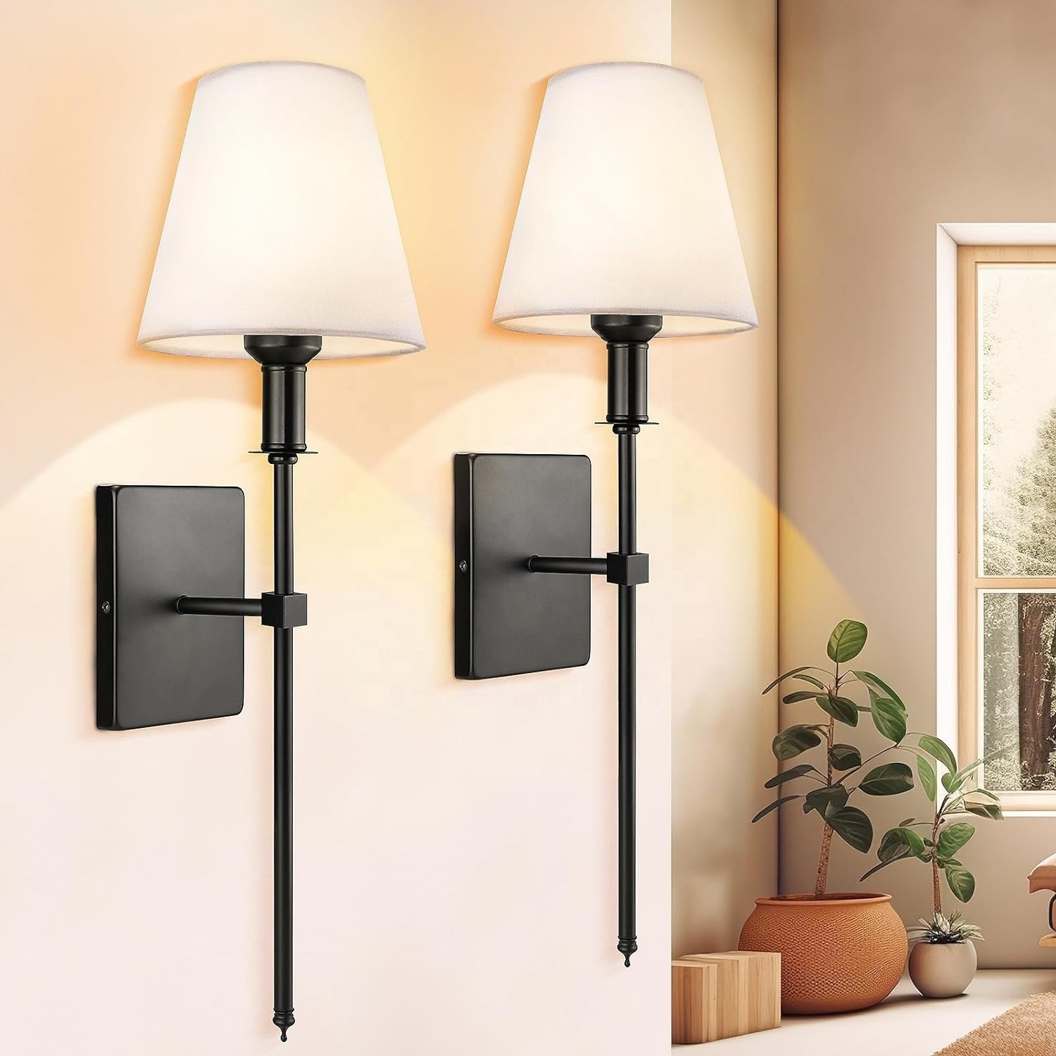 black fixture Modern Battery Operated Sconce Set of 2  Fixture,Battery Powered Wall Sconce With Remote control