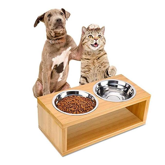 Midum Dog and Cat Feeder , Stainless Steel dog bowl feed cat together on Bamboo Stand