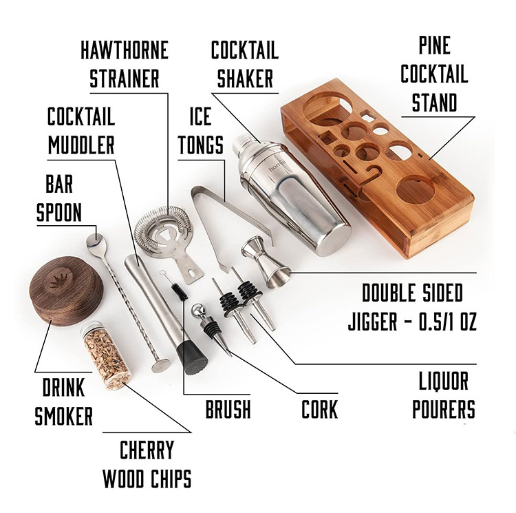 2024 New Bartender Kit with Whiskey Smoker Bar tool Set with Bamboo Stand