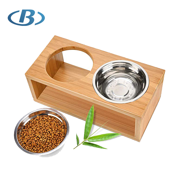 Midum Dog and Cat Feeder , Stainless Steel dog bowl feed cat together on Bamboo Stand