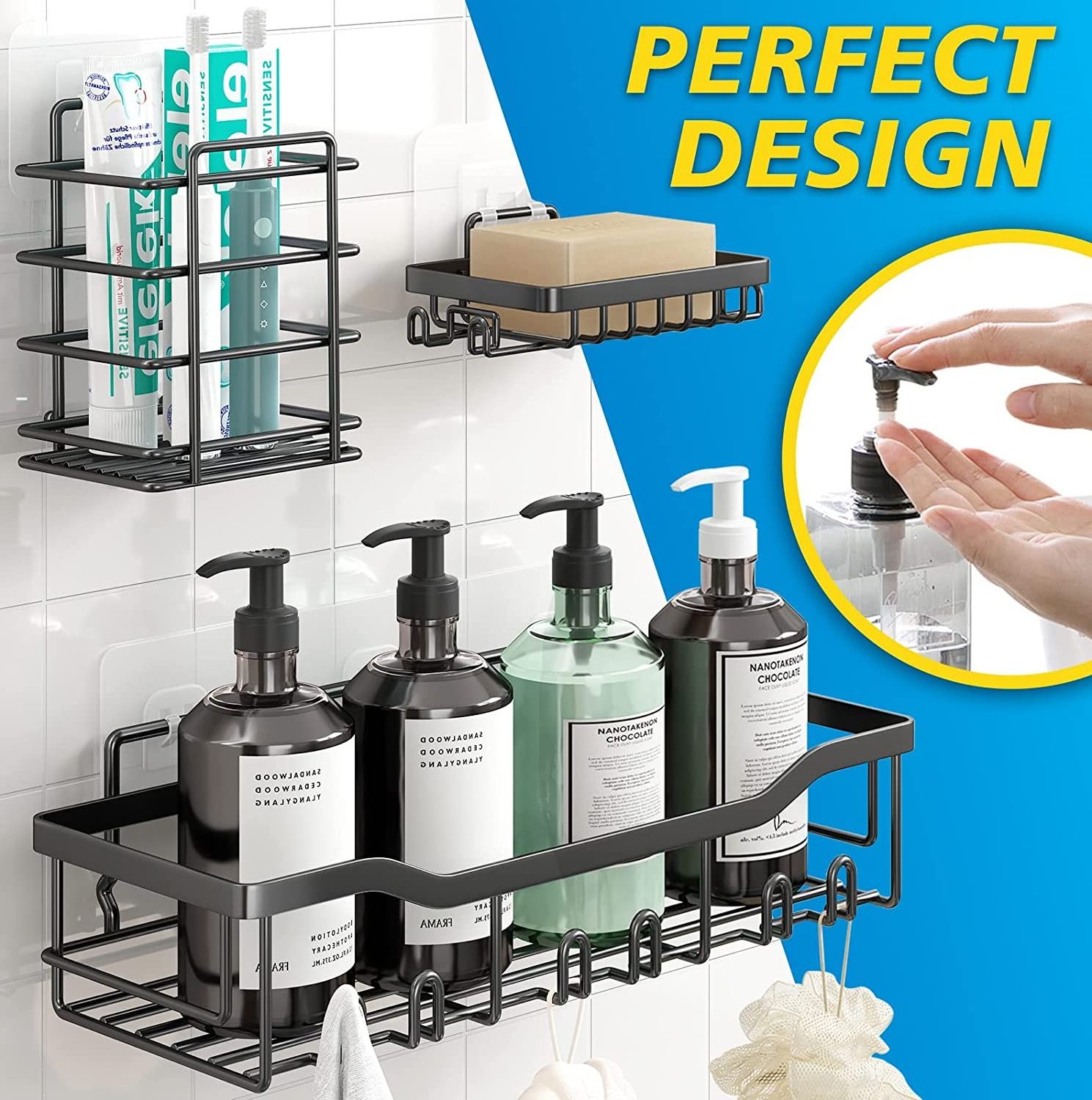 Stainless Steel  Adhesive Soap Holder & Toothbrush Holder Black 5 Pack Shower Caddy  Bathroom Organizer